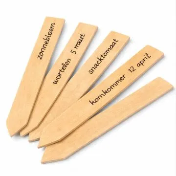 Set van 5 bamboe plantenlabels met handgeschreven voorbeelden op witte achtergrond