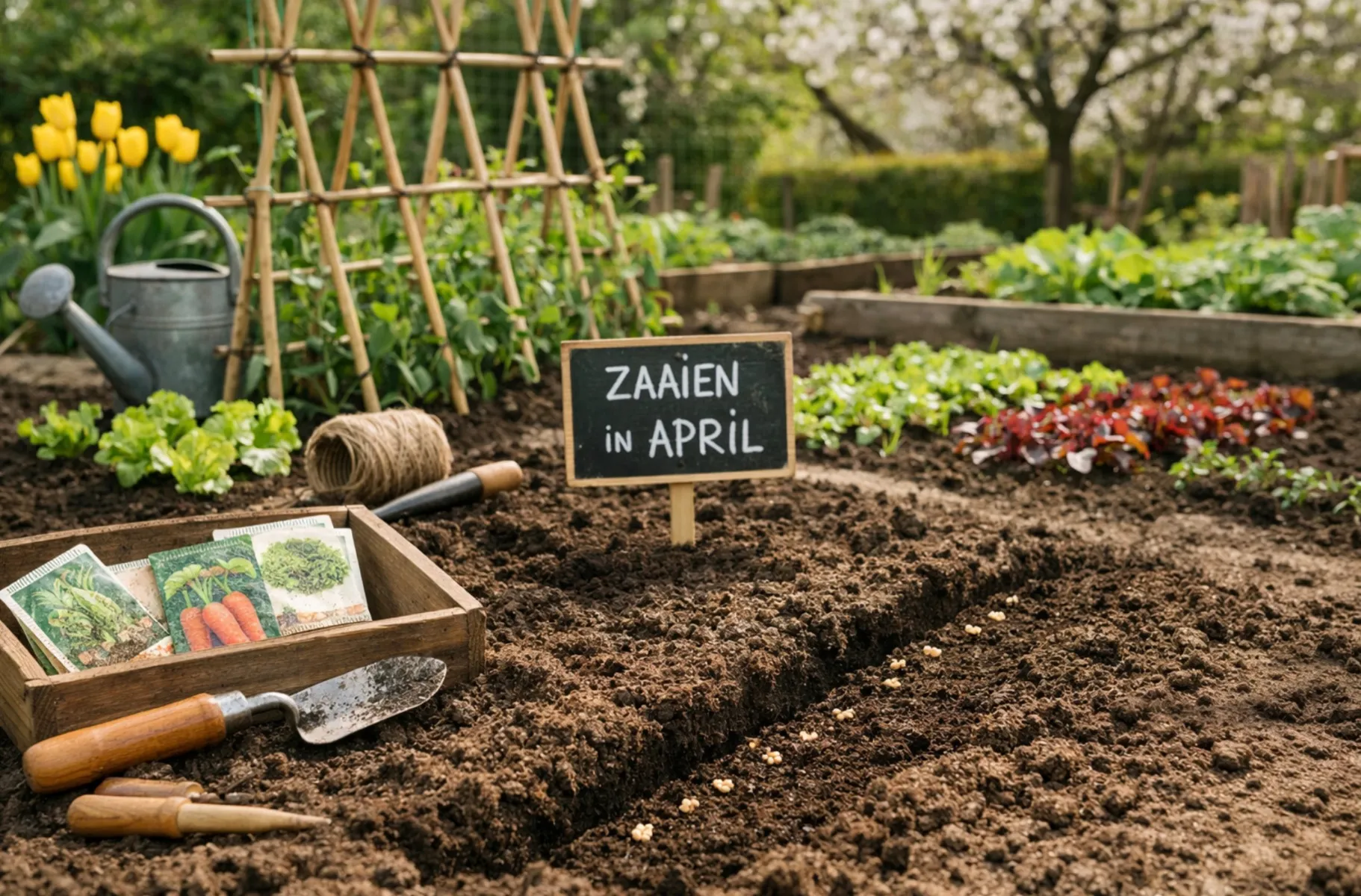 April in de moestuin met jonge zaaibedden