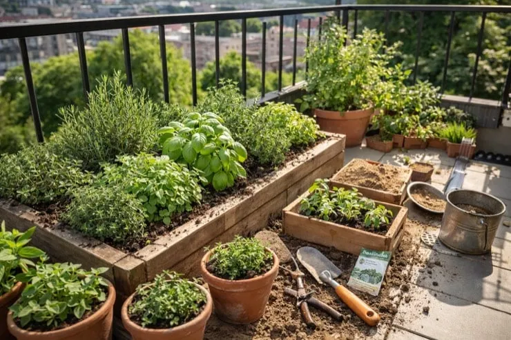 Mediterrane kruiden op balkon