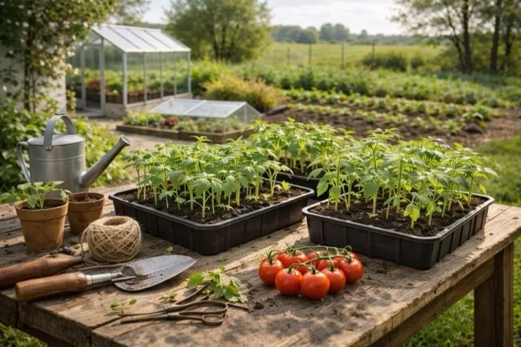 Tomaten op tafel in moestuin